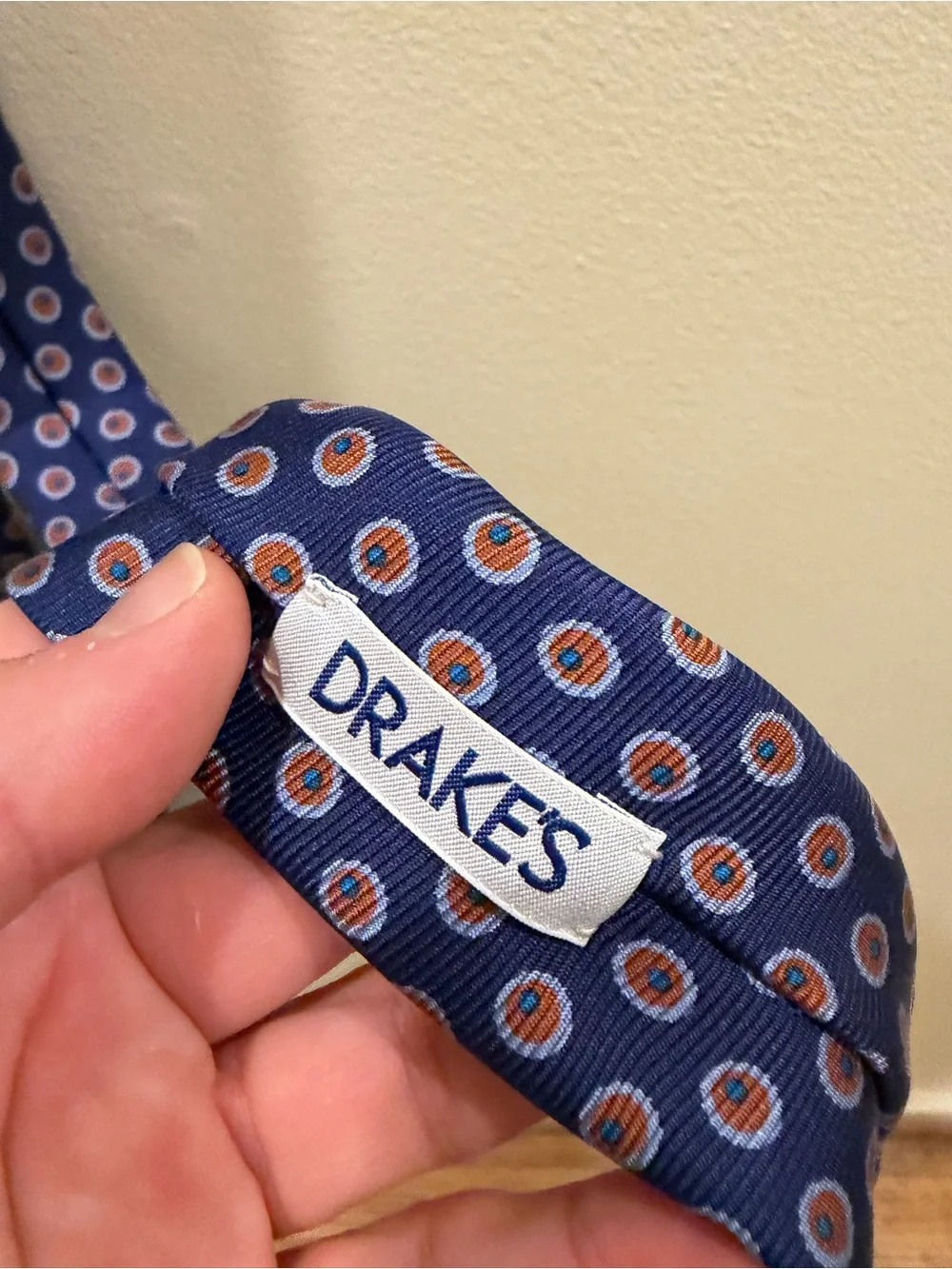 Drakes Navy Blue Silk Tie with orange and Light Blue Medallions - Picture 1 of 10
